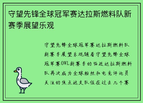 守望先锋全球冠军赛达拉斯燃料队新赛季展望乐观